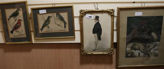 Manner of Dighton, watercolour of a gentleman and three assorted prints, 29 x 20cm